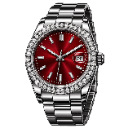 A silver luxury wristwatch with a bright red dial and a diamond-encrusted bezel.