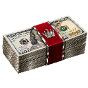 A thick stack of hundred-dollar bills held together by a red band featuring a silver crown emblem.