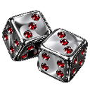 A pair of metallic silver dice decorated with sparkling red gemstones.