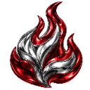 A stylized flame with a polished silver center and glossy red outer edges.
