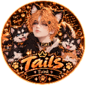 Anime character with cat ears surrounded by two happy puppies in a golden circular frame with the text Tails.