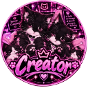 A black cat illustration inside a pink circular badge with the word Creator and a crown icon.