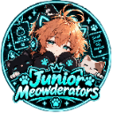 Anime girl with orange hair and cat ears surrounded by kittens inside a circular blue badge labeled Junior Meowderators.