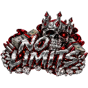 Skull wearing a crown with red glowing eyes and the text NO LIMITS in metallic font.