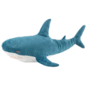 A blue plush shark toy floating against a solid background.