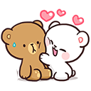 A white bear happily hugging a nervous brown bear with pink hearts floating above them.