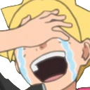 Anime character covering their face with one hand while laughing and crying.