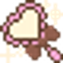 A small pixel art hand mirror with a heart-shaped frame and a brown handle.
