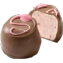 A chocolate truffle with a pink strawberry cream center and a pink icing swirl on top.