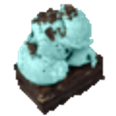A scoop of light blue mint chocolate chip ice cream sitting on top of a square chocolate brownie.