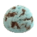 A round scoop of light blue mint ice cream with brown chocolate chips.