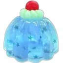 A translucent blue jelly mold decorated with small stars and topped with a single red cherry.