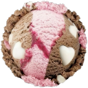 A round scoop of ice cream with chocolate, strawberry, and vanilla swirls and white heart-shaped chunks.