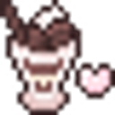 A pixelated dessert in a glass with a small pink heart floating beside it.