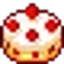 Cake with white frosting and red cherries in a pixel art style.