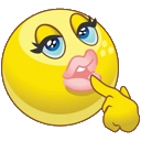 A yellow smiley face with long eyelashes, blue eyeshadow, and pink lips, resting a finger against its chin in a thoughtful, …
