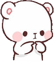 Two identical white bears with pink cheeks looking down while nervously tapping their index fingers together.