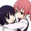 Two anime girls with pink and purple hair sharing a close, affectionate hug.