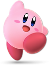 Kirby with a wide, happy smile and bright blue eyes.