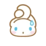 A small white creature with blue eyes and pink cheeks looking nervous with a single blue sweat drop on its forehead.