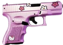 A pink handgun decorated with Hello Kitty and flower decals.