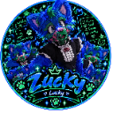 A blue creature with a crown and glowing green paw prints and hearts surrounding it.