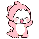 A cute creature wearing a pink dinosaur onesie with its arms raised in a happy, cheering gesture.