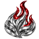 Silver metallic flame with red tips glowing against a black background.