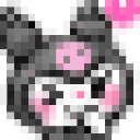 Kuromi winking with a pink heart floating above her head in a pixel art style.