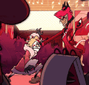 Alastor from Hazbin Hotel gets punched in the face in a repeating animated sequence.