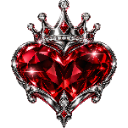 A faceted red heart gemstone set within an ornate silver crown.