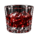 Crystal glass filled with dark red liquid and ice cubes against a black background.