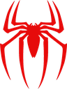 Spider emblem in bright red against a black background.