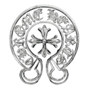 Silver metallic cross inside an ornate circular frame on a black background.