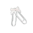 Two silver paperclips tied together with a small white bow.