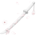 A white katana sword decorated with pink ribbons and surrounded by falling cherry blossoms in a pixel art style.