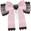 A pink ribbon bow with a black heart charm in the center and black lace trim on the edges.