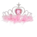 A silver tiara with a central pink heart gem and a fluffy pink feather trim.