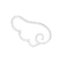 A white stylized wing with a curled tip on a black background.