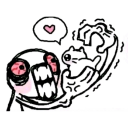 A manic, wide-eyed character with a heart icon above its head aggressively clutching a small, cute kitten.