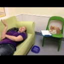 A person lying on a green couch with their hand raised while a cat sits on a chair next to them.