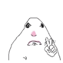 A crudely drawn white blob character with a deadpan face and pink nose holding up a peace sign.