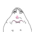 A crudely drawn blob-shaped face with a pink nose and a deeply frowning mouth.