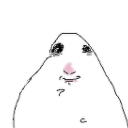 A simple line-art blob creature with a blank expression and a small pink nose staring directly forward.