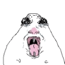 Distorted face with a wide open mouth and dark, empty eyes expressing confusion.