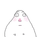 A simple white blob character with wide eyes and pink blushing cheeks looking surprised.