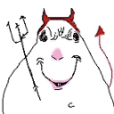 A crudely drawn devil character with horns and a trident smiling mischievously.