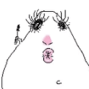 A simple line-art character applying mascara to their eyelashes with a focused expression.