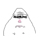 A white blob character with a skeptical, judging expression and a small pink nose.