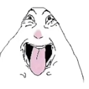 Wojak face with eyes squinted and a long pink tongue sticking out.